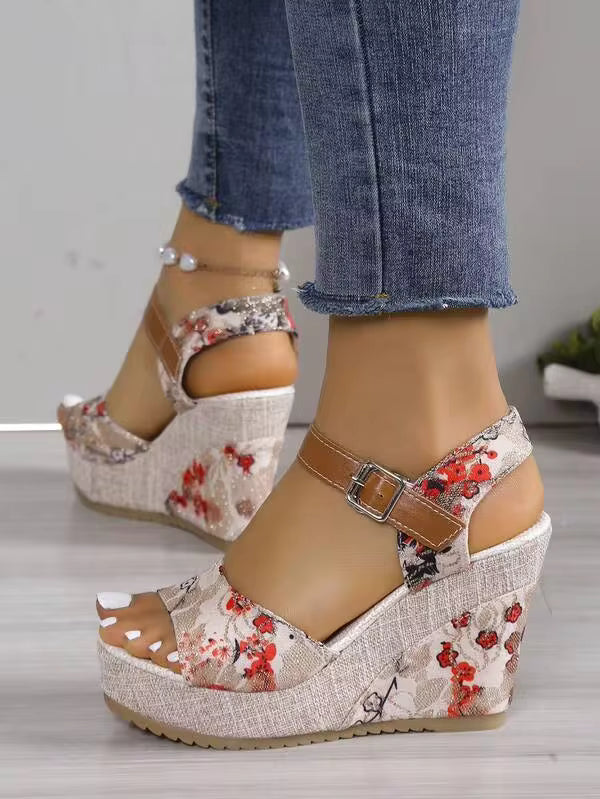 2024 New European Women Platform Wedge Sandals, Outdoor Versatile Strap Slides, Sexy Floral Print Beach Casual Slippers, Comfortable Open Toe Shoes, Green Floral Elevated Petite Shoes