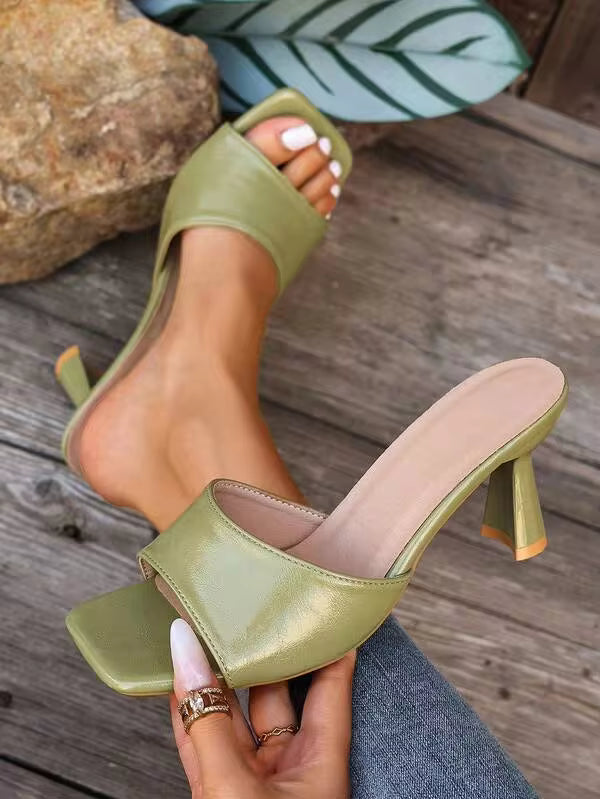 Women's High Heel Sandals, Open Toe Slip-On Shoes, Fashionable Slip-On Square Toe Stiletto Heels,Summer Shoes